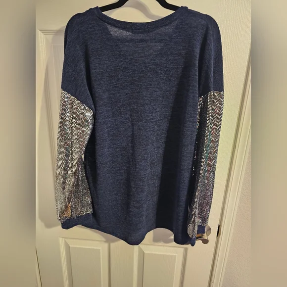 HEIMISH USA Blue Top with Silver Sequin Sleeves - Picture 2 of 4